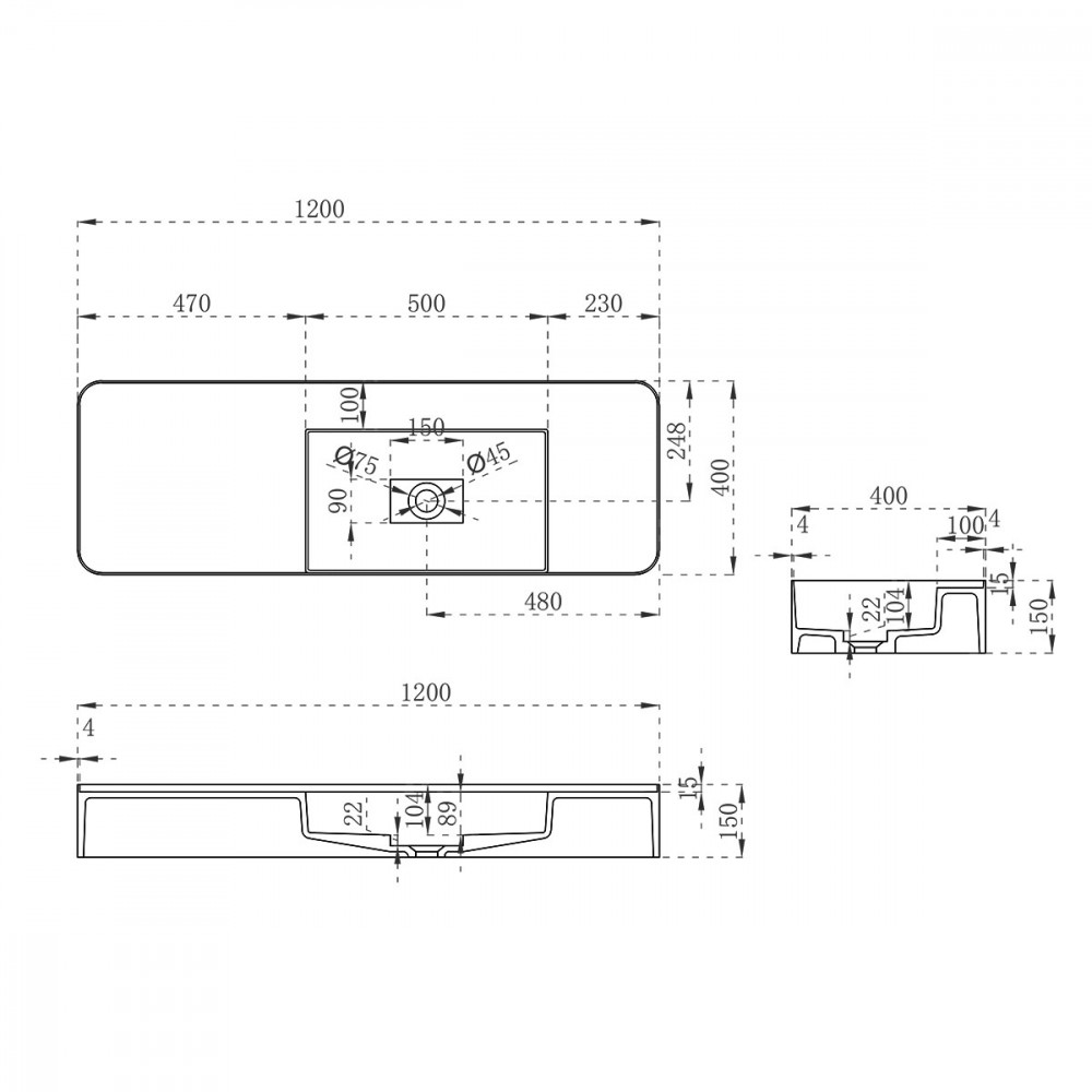 Раковина из искусственного камня Vincea VWB-6S412MW, 1200*400*150, подвесная, цвет белый матовый