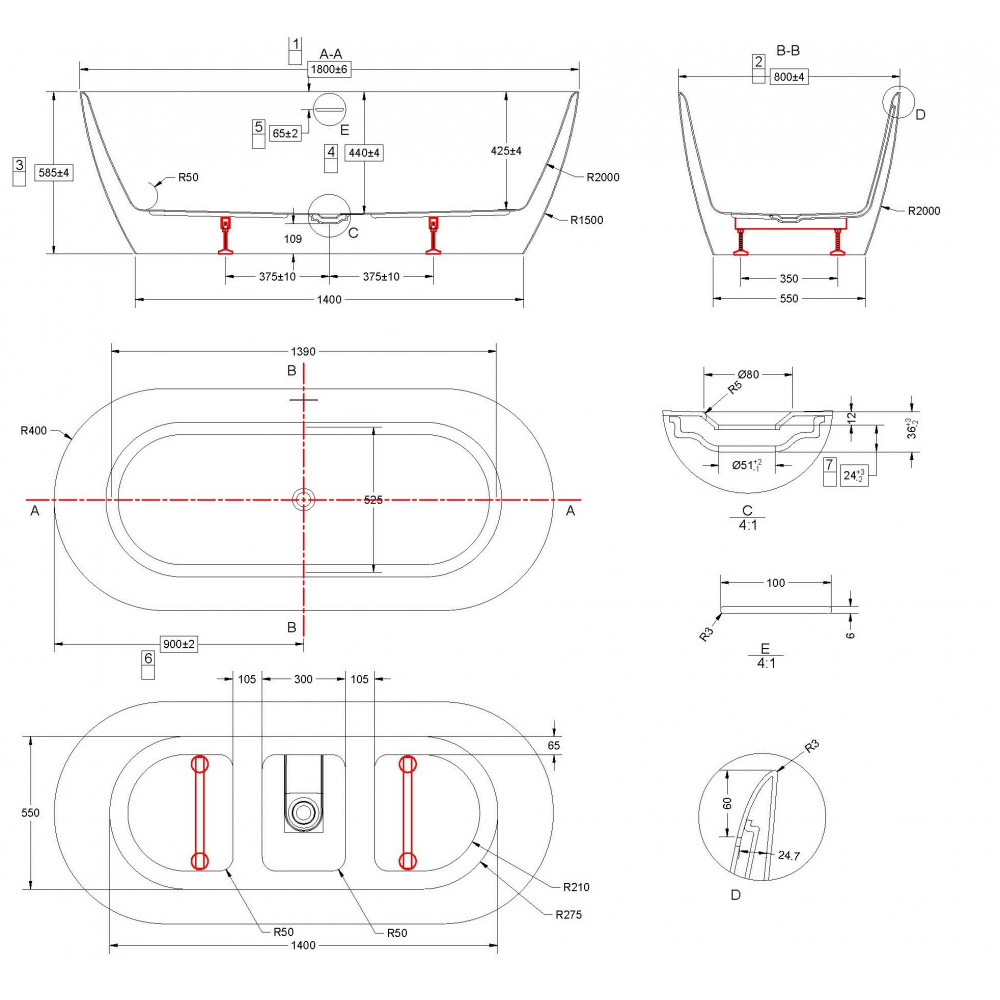 Ванна акриловая Vincea VBT-705-1800, 1800*800*585, цвет белый, щелевой перелив, слив белый