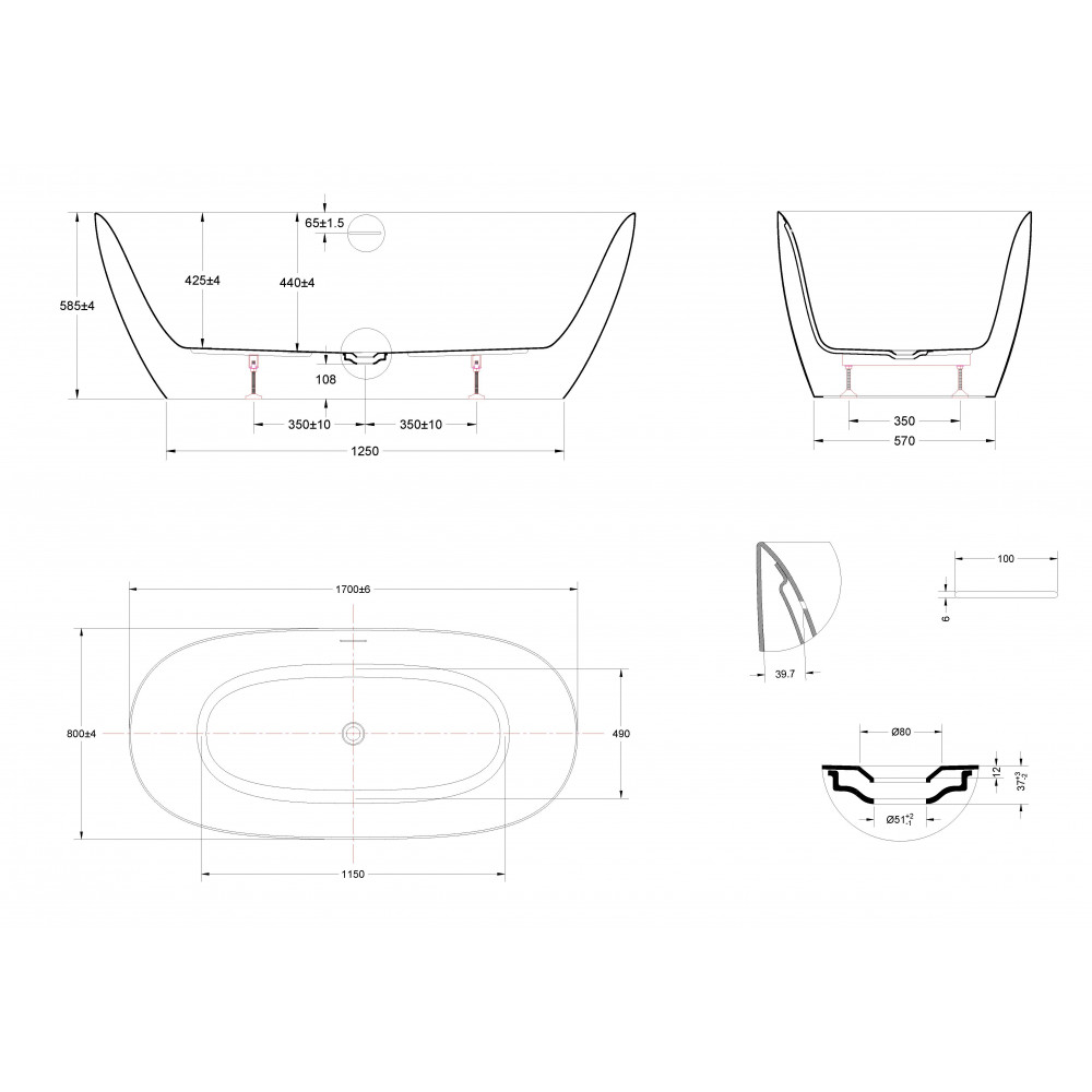Ванна акриловая Vincea VBT-701-1700MW, 1700*800*585, цвет белый мат., щелевой перелив, слив белый