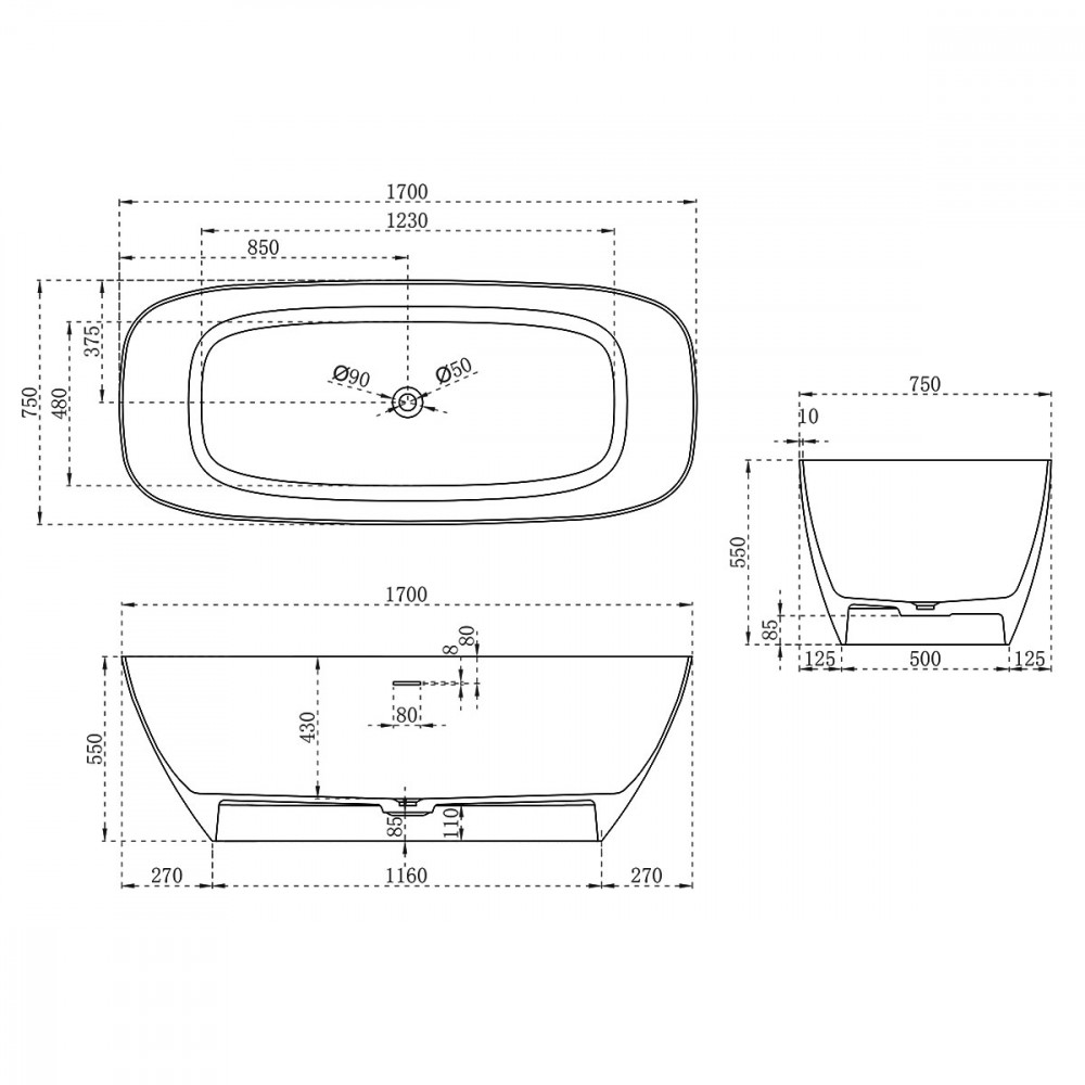 Ванна из искусственного камня Vincea VBT-6S02MW, 1700*720*550, белый мат., слив-перелив в комплекте