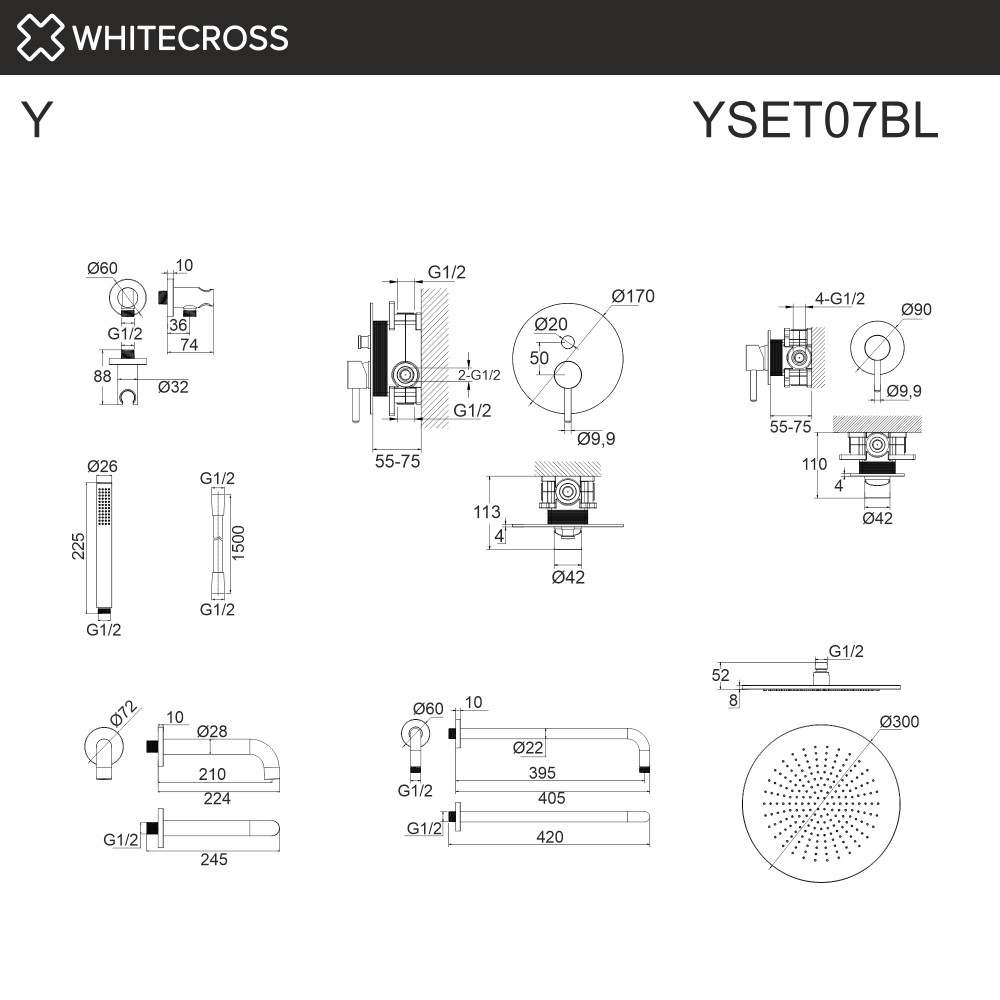 Система для ванны скрытого монтажа WHITECROSS Y YSET07BL черный мат