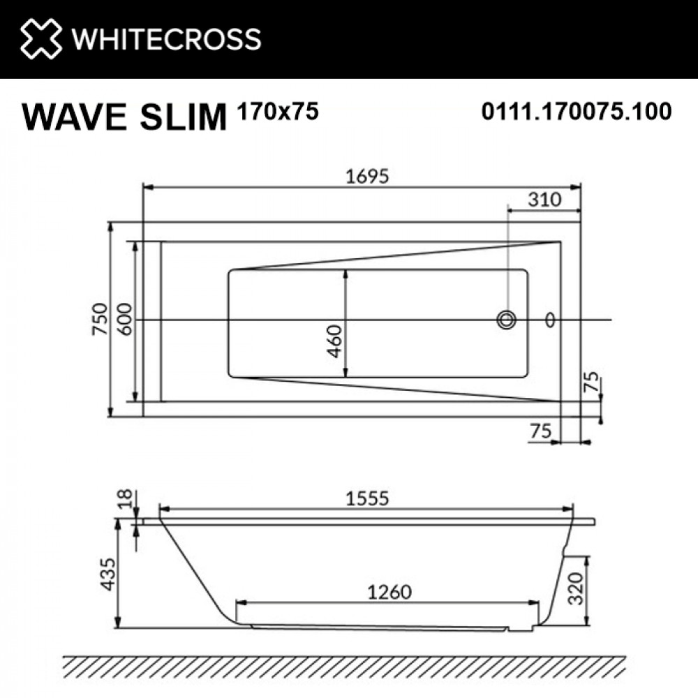 Ванна WHITECROSS Wave Slim 170x75 NANO хром