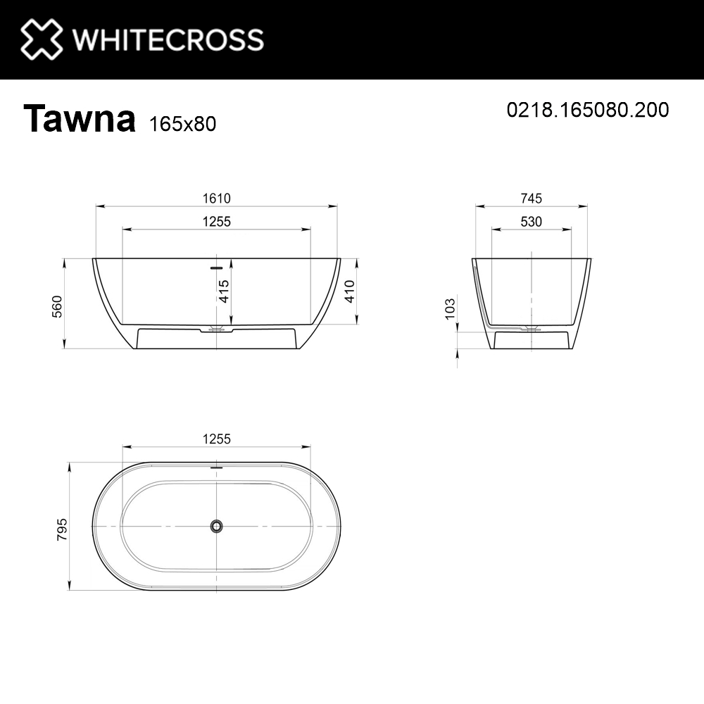 Ванна WHITECROSS Tawna 165x80 белый мат иск. камень