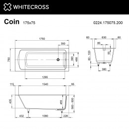 Ванна WHITECROSS Coin 175x75 белый мат иск. камень