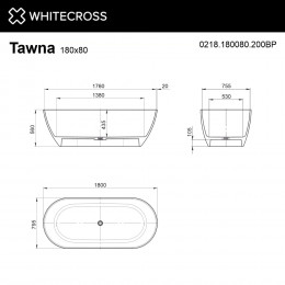 Ванна WHITECROSS Tawna 180x80 БЕЗ ПЕРЕЛИВА белый мат иск. камень