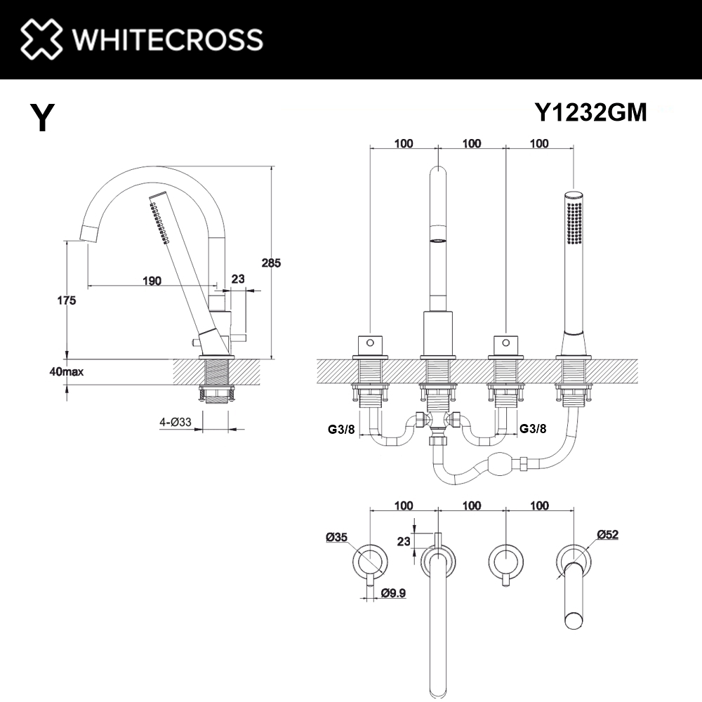 Смеситель для ванны на 4 отверстия WHITECROSS Y Y1232GM оружейная сталь