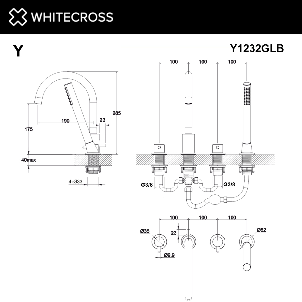 Смеситель для ванны на 4 отверстия WHITECROSS Y Y1232GLB брашированное золото