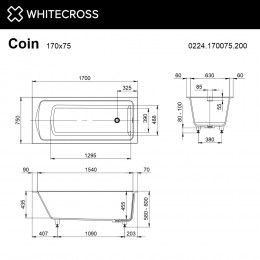 Ванна WHITECROSS Coin 170x75 белый мат иск. камень