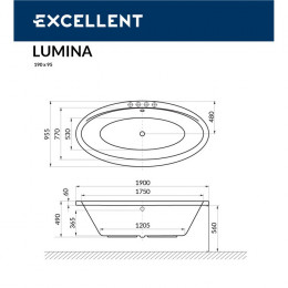 Ванна EXCELLENT Lumina 190x95 LINE NANO хром