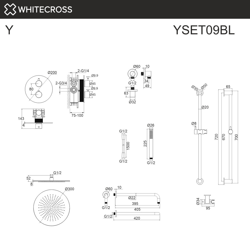 Термостатическая душевая система скрытого монтажа WHITECROSS Y YSET09BL черный мат