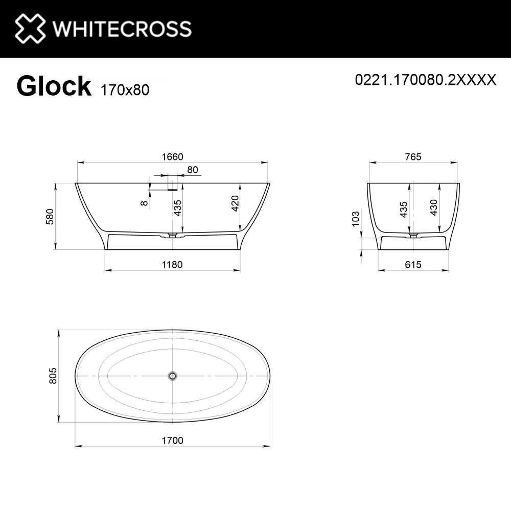 Ванна WHITECROSS Glock 170x80 RAL мат иск. камень