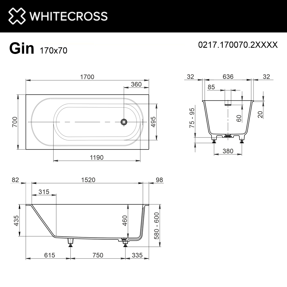Ванна WHITECROSS Gin 170x70 RAL мат иск. камень