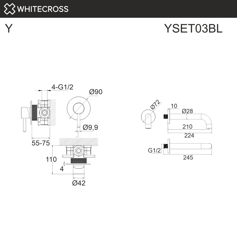 Система для ванны скрытого монтажа WHITECROSS Y YSET03BL черный мат