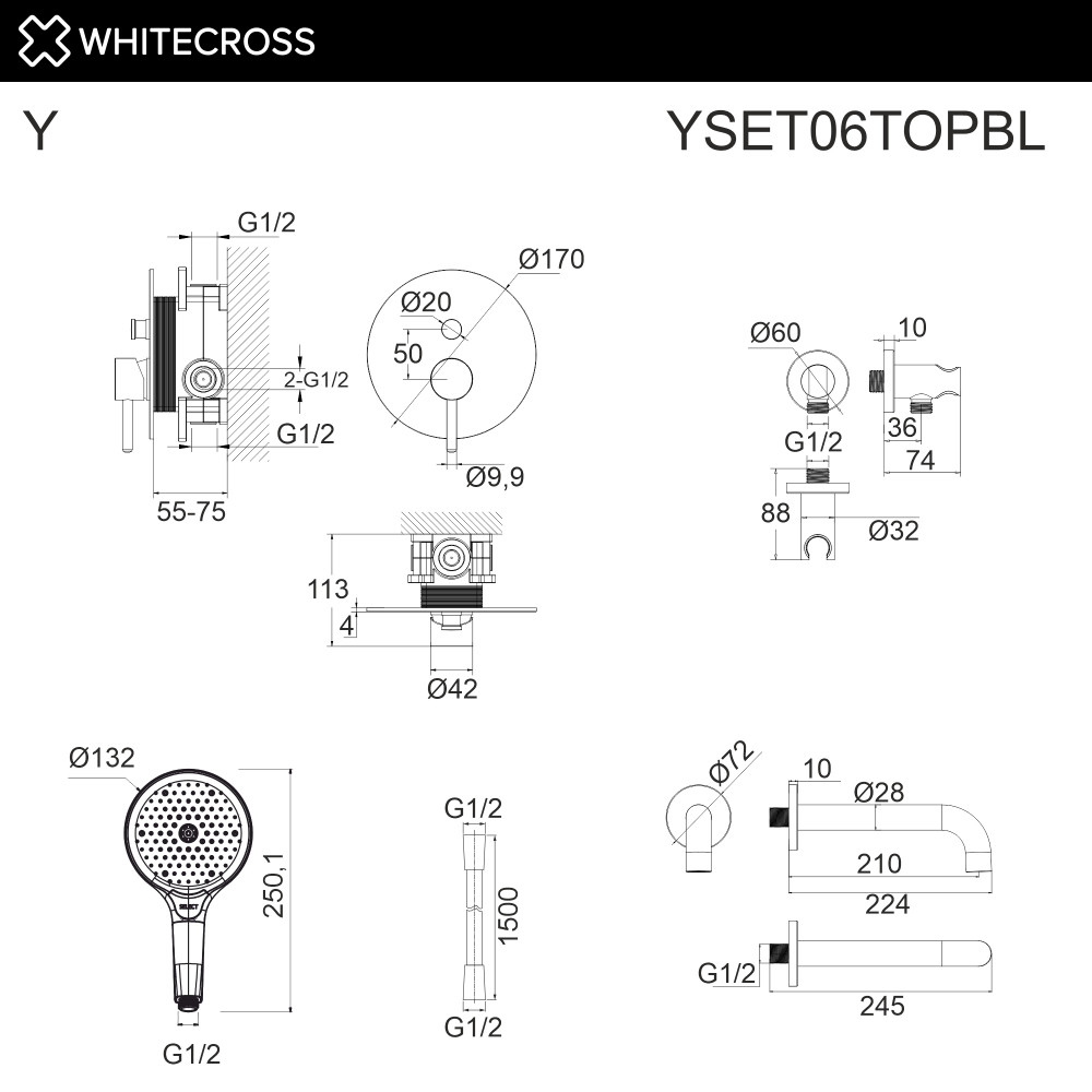 Система для ванны скрытого монтажа WHITECROSS Y YSET06TOPBL черный мат