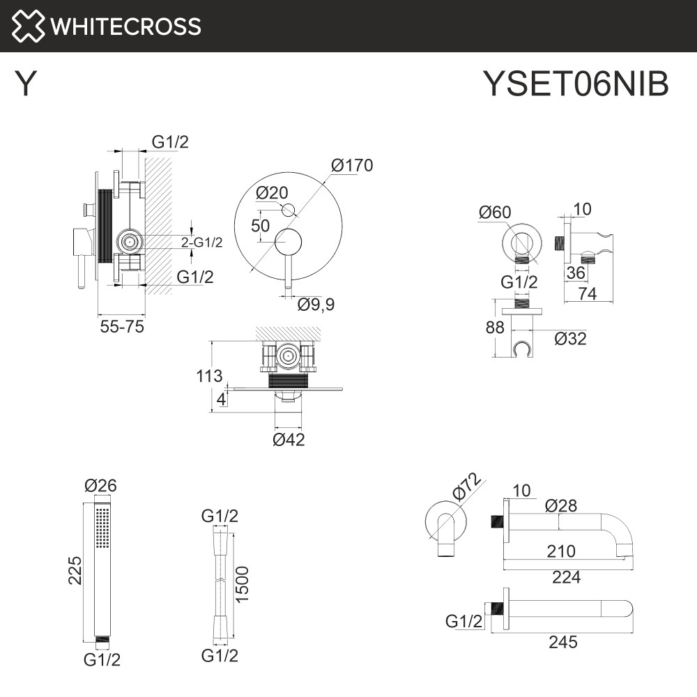 Система для ванны скрытого монтажа WHITECROSS Y YSET06NIB брашированный никель