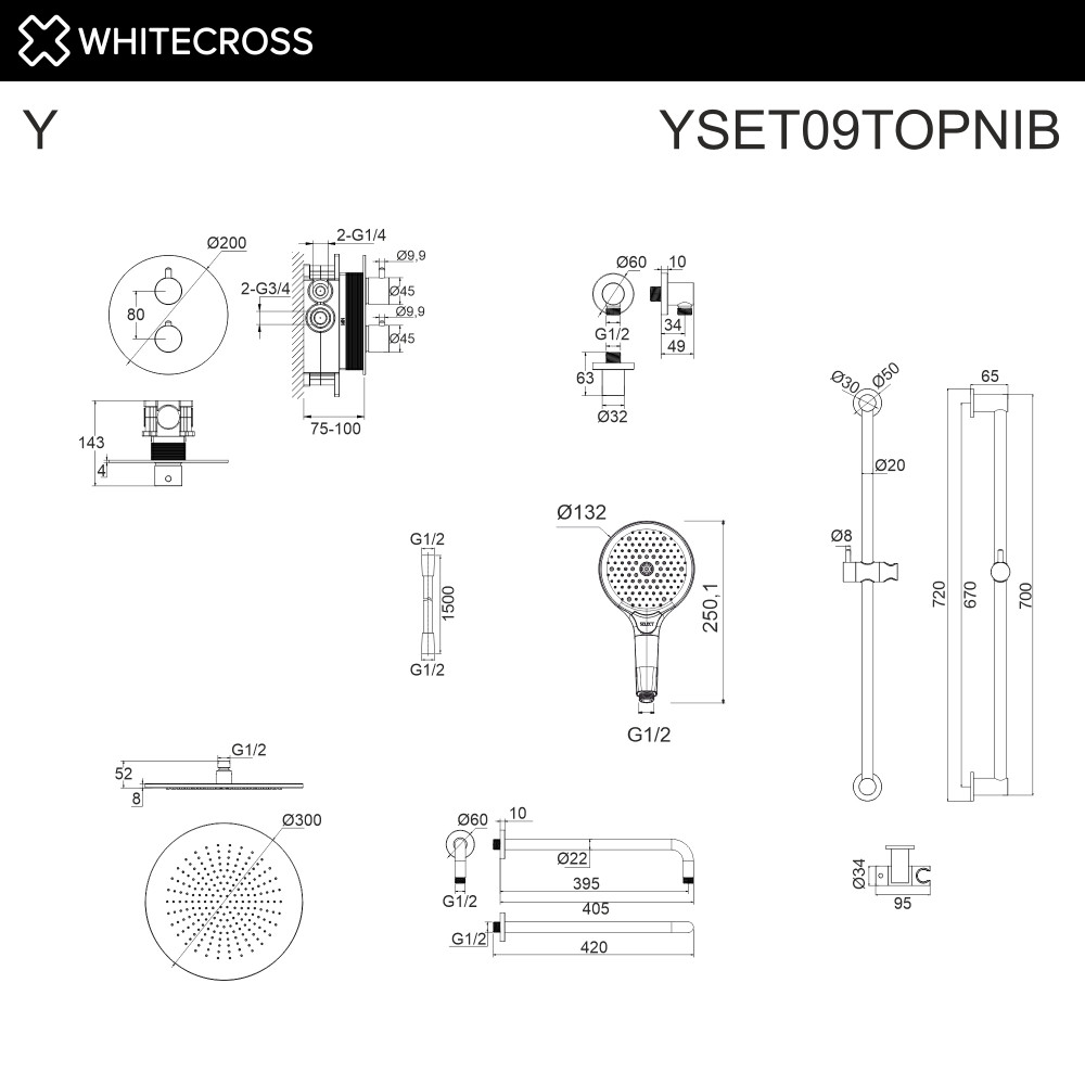 Термостатическая душевая система скрытого монтажа WHITECROSS Y YSET09TOPNIB брашированный никель