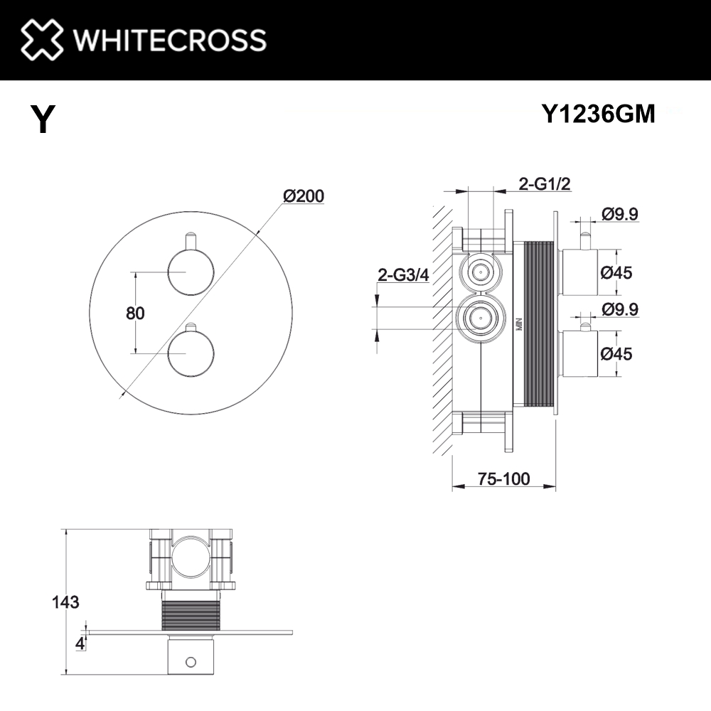 Смеситель термостатический для душа скрытого монтажа WHITECROSS Y Y1236GM оружейная сталь