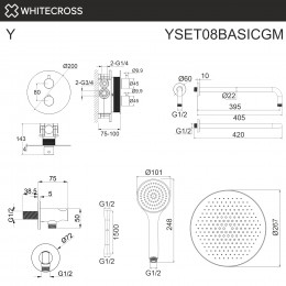 Термостатическая душевая система скрытого монтажа WHITECROSS Y YSET08BASICGM оружейная сталь