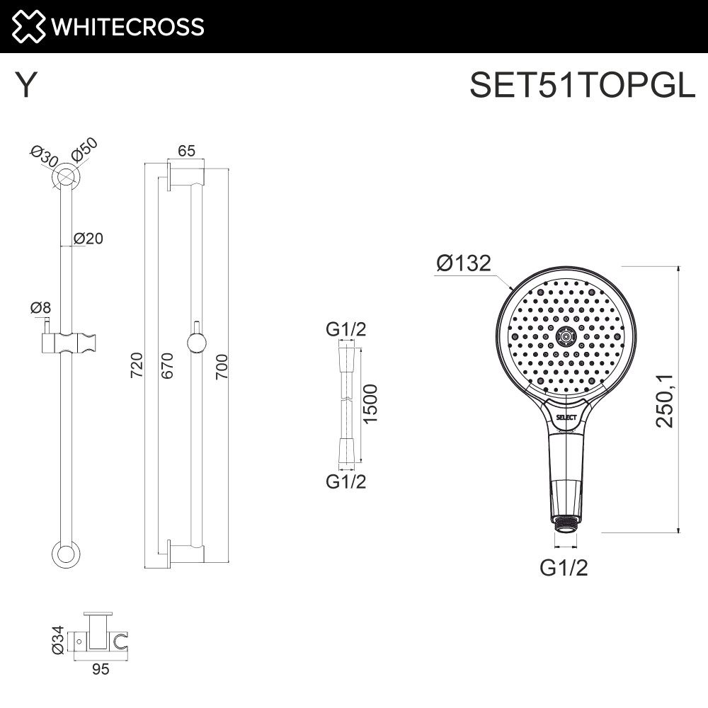 Душевой гарнитур на штанге WHITECROSS SET51TOPGL золото