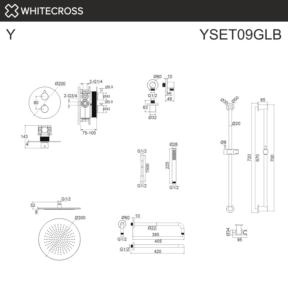 Термостатическая душевая система скрытого монтажа WHITECROSS Y YSET09GLB брашированное золото