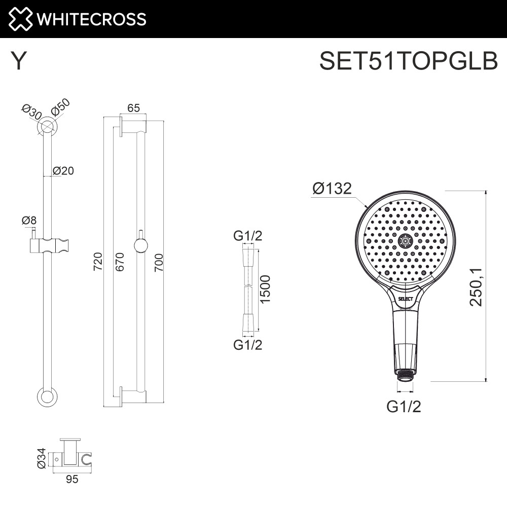 Душевой гарнитур на штанге WHITECROSS SET51TOPGLB брашированное золото