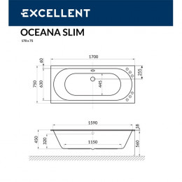 Ванна EXCELLENT Oceana Slim 170x75 SOFT хром