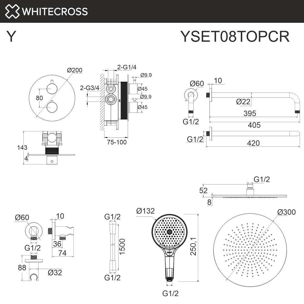 Термостатическая душевая система скрытого монтажа WHITECROSS Y YSET08TOPCR хром