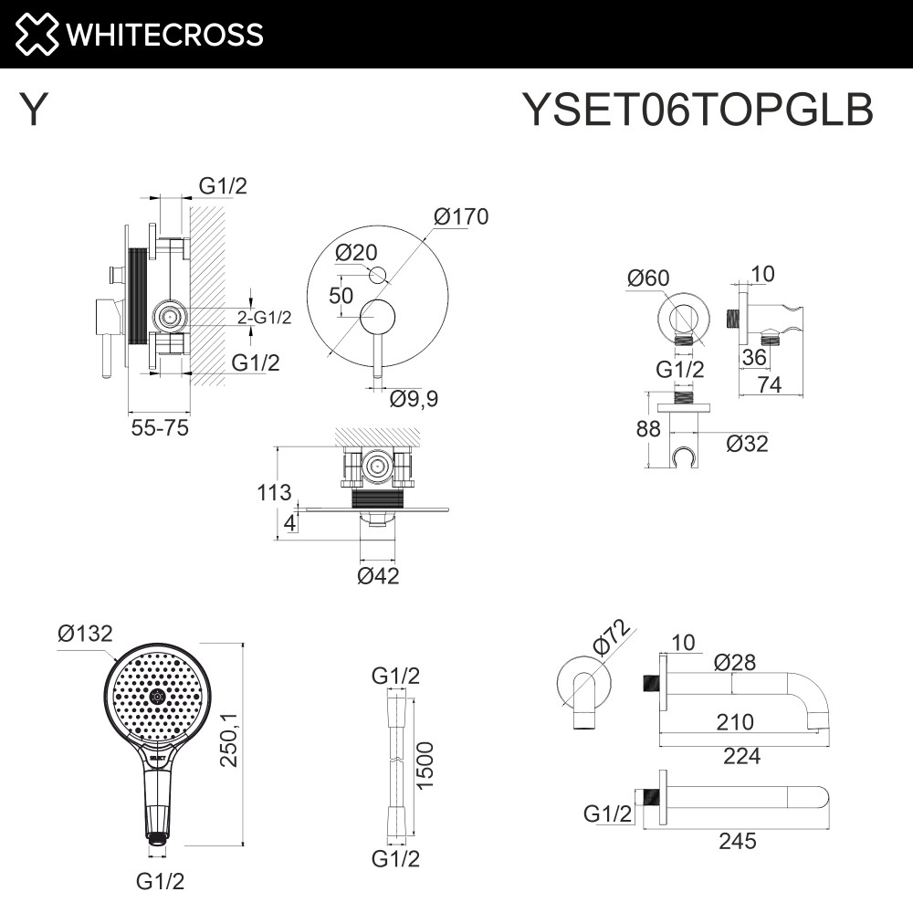 Система для ванны скрытого монтажа WHITECROSS Y YSET06TOPGLB брашированное золото