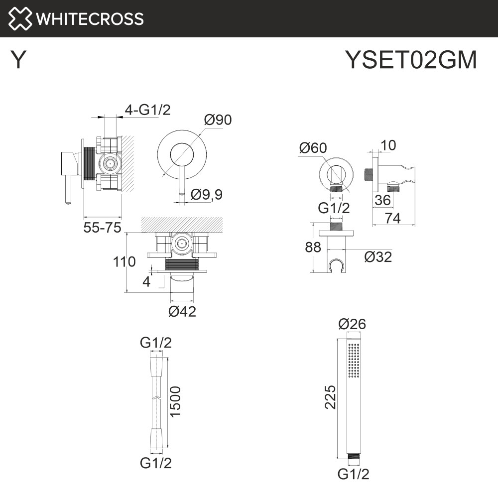 Система для душа скрытого монтажа WHITECROSS Y YSET02GM оружейная сталь
