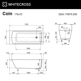 Ванна WHITECROSS Coin 175x70 белый мат иск. камень