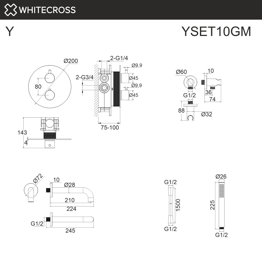 Термостатическая система для ванны скрытого монтажа WHITECROSS Y YSET10GM оружейная сталь