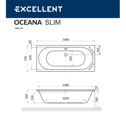 Ванна EXCELLENT Oceana Slim 160x75 LINE хром