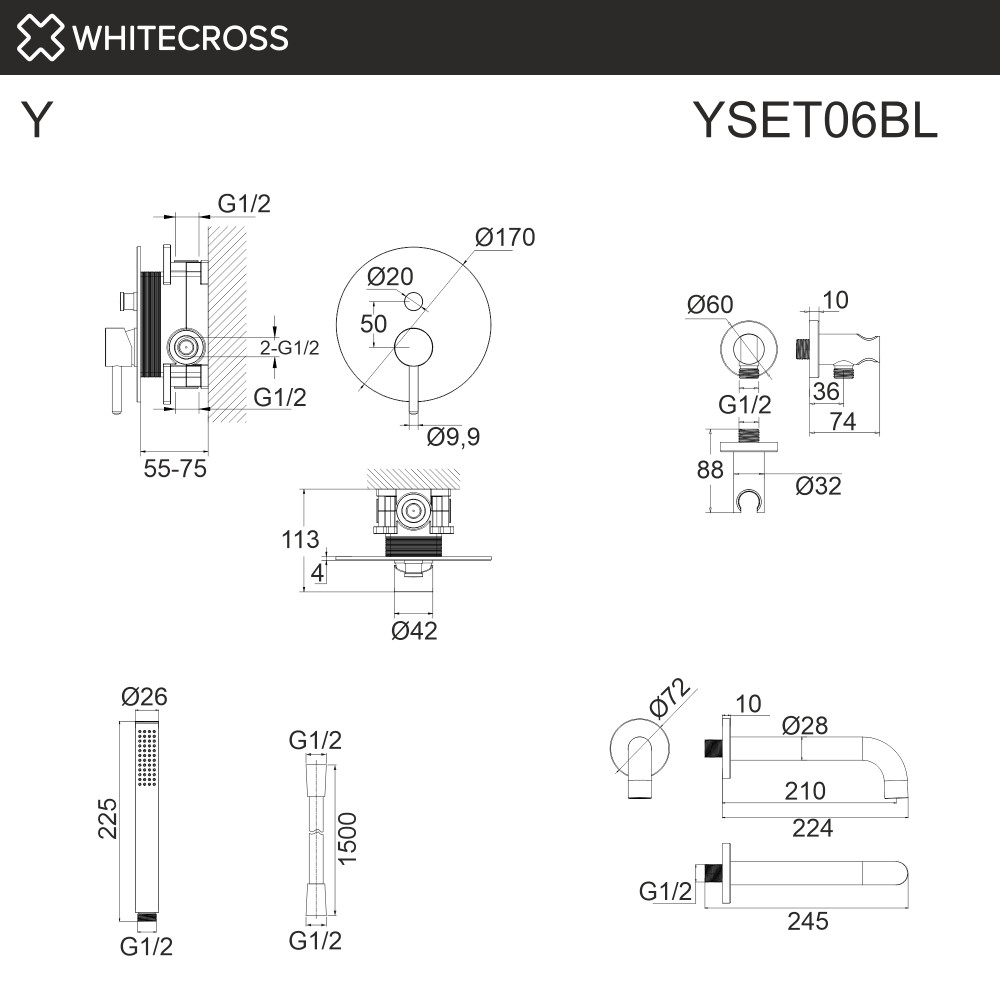 Система для ванны скрытого монтажа WHITECROSS Y YSET06BL черный мат