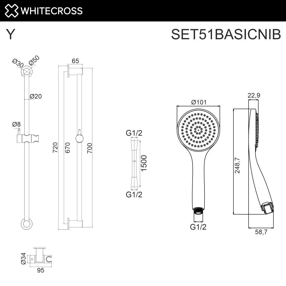 Душевой гарнитур на штанге WHITECROSS SET51BASICNIB брашированный никель