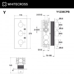 Смеситель термостат скрытого монтажа на 3 потребителя WHITECROSS Y Y1238CPB брашированная медь