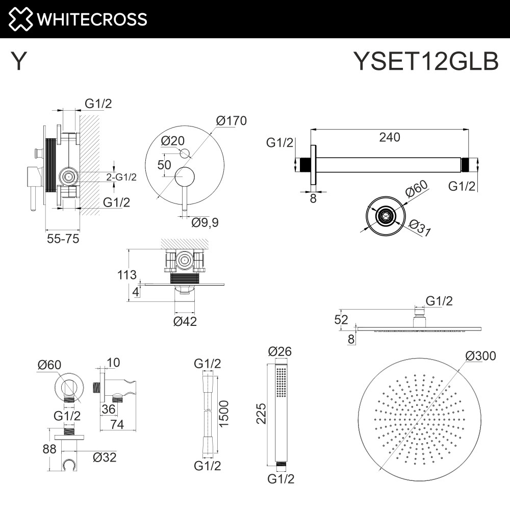 Система для душа скрытого монтажа WHITECROSS Y YSET12GLB брашированное золото