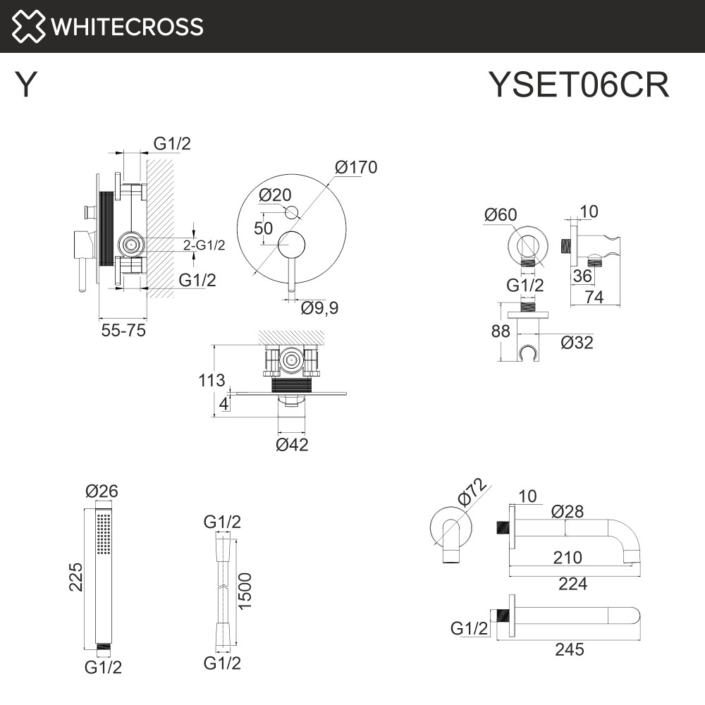 Система для ванны скрытого монтажа WHITECROSS Y YSET06CR хром