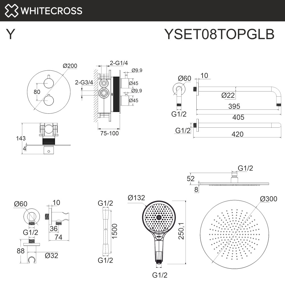 Термостатическая душевая система скрытого монтажа WHITECROSS Y YSET08TOPGLB брашированное золото