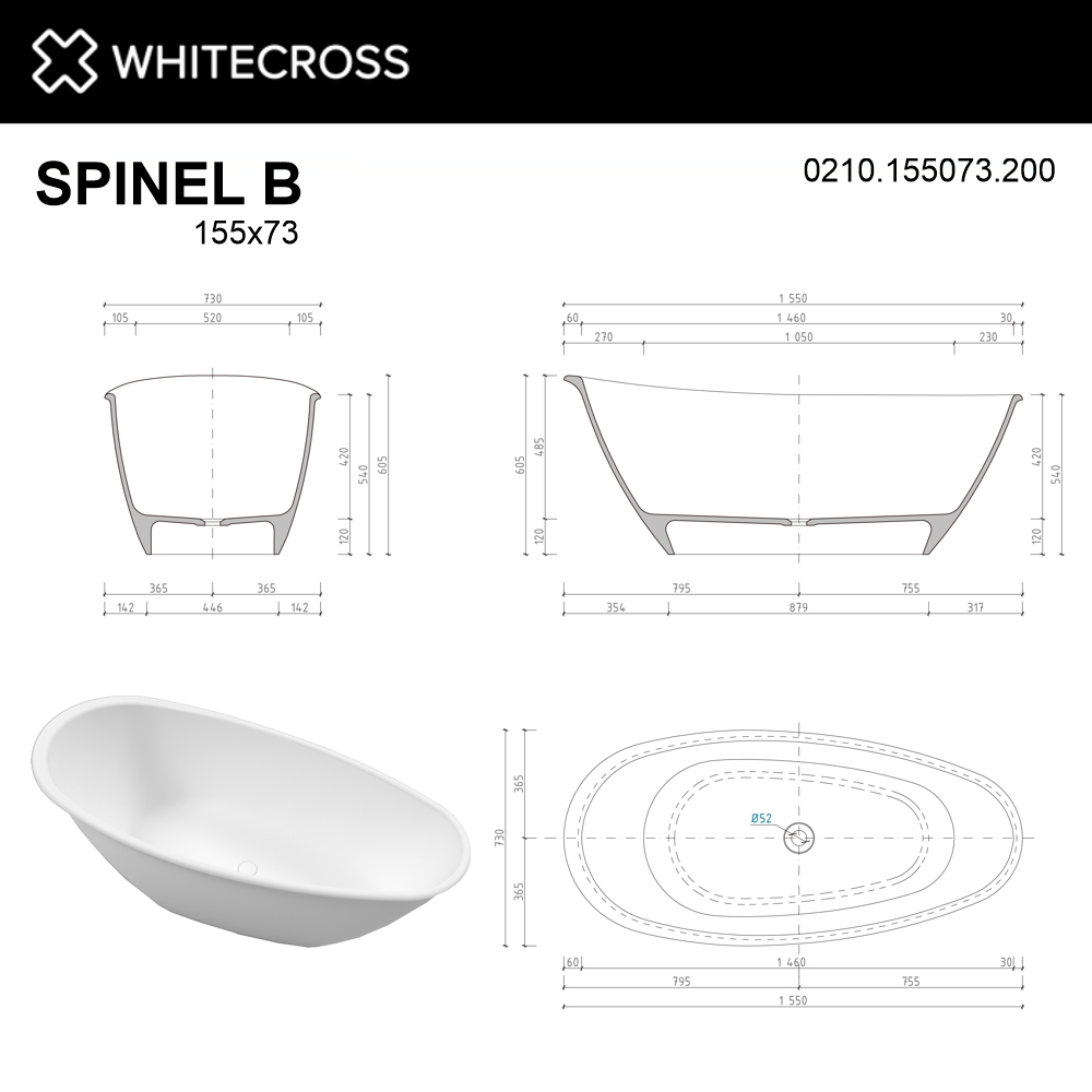 Ванна WHITECROSS Spinel B 155x73 белый мат иск. камень