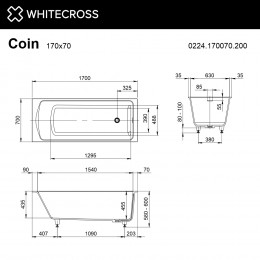 Ванна WHITECROSS Coin 170x70 белый мат иск. камень