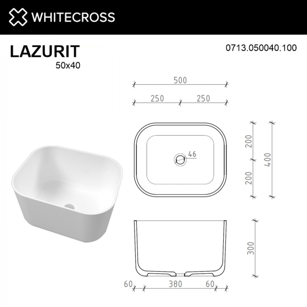 Умывальник WHITECROSS Lazurit 50x40 белый глянец иск. камень