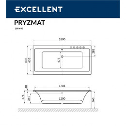 Ванна EXCELLENT Pryzmat 180x80 SOFT золото