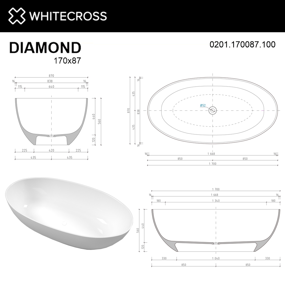 Ванна WHITECROSS Diamond 170x87 белый глянец иск. камень