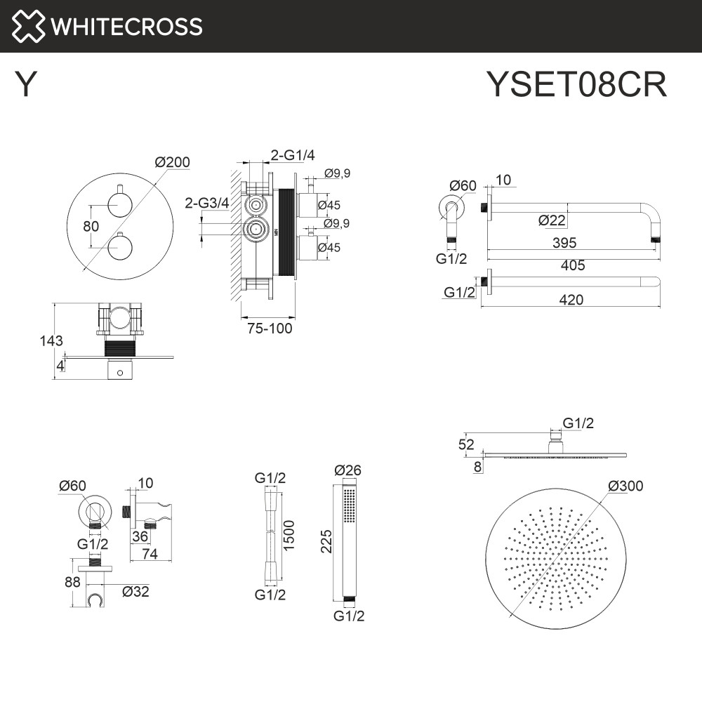 Термостатическая душевая система скрытого монтажа WHITECROSS Y YSET08CR хром