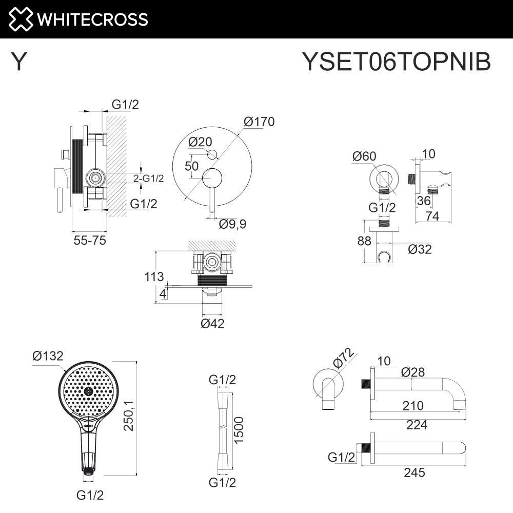 Система для ванны скрытого монтажа WHITECROSS Y YSET06TOPNIB брашированный никель